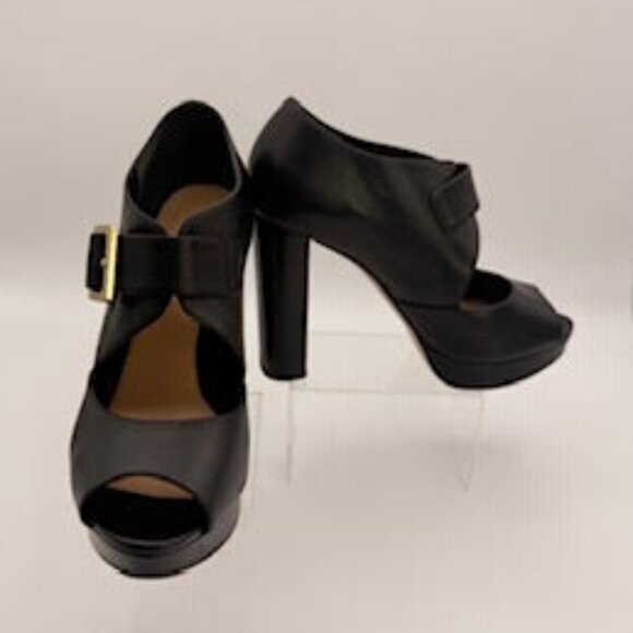 Michael Kors Black Leather Platform Heels Peep Toe Gold Buckle Women’s 6.5 - Picture 6 of 16
